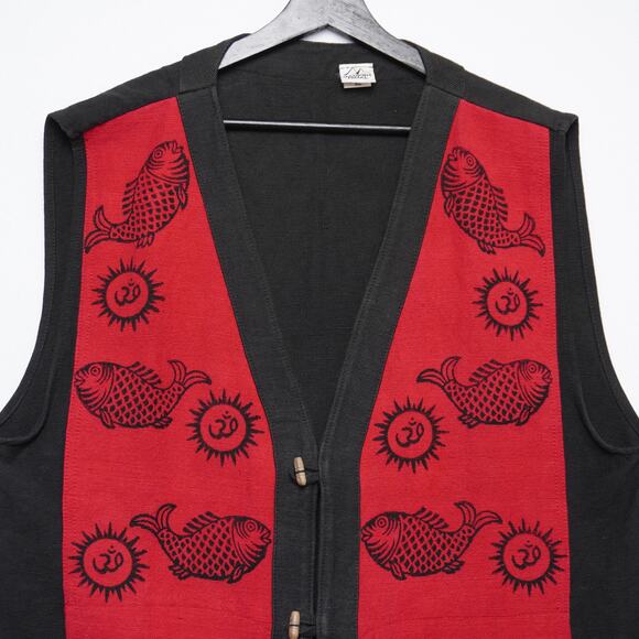 Ganesh Himal Handmade Nepal Cotton Vest XL Black-Red Fish “Om” Print Boho - Picture 2 of 9
